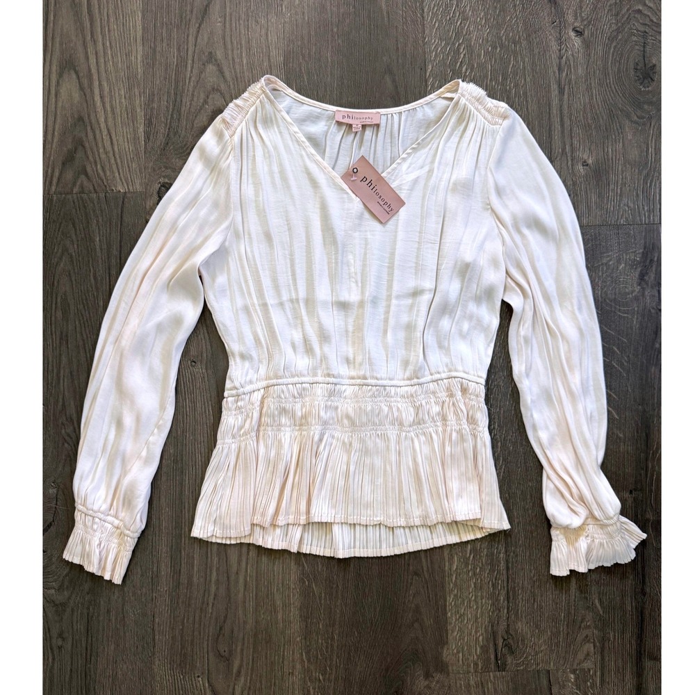 NEW Philosophy Pleated Peplum Blouse M Cream Ivory Polyester Smocked Waist NWT